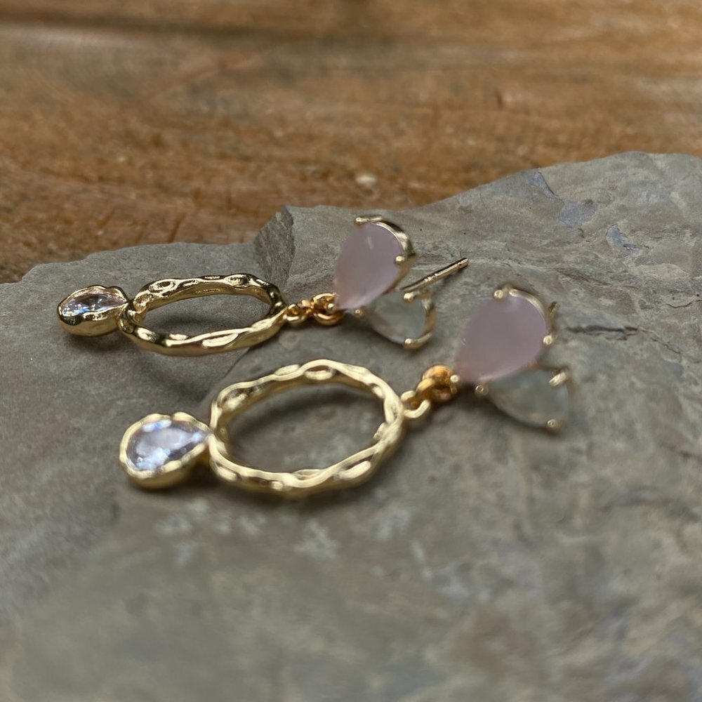 Plated Hammered Gold with Cubic Zircon Stone Stud Earrings - Picture 4 of 10